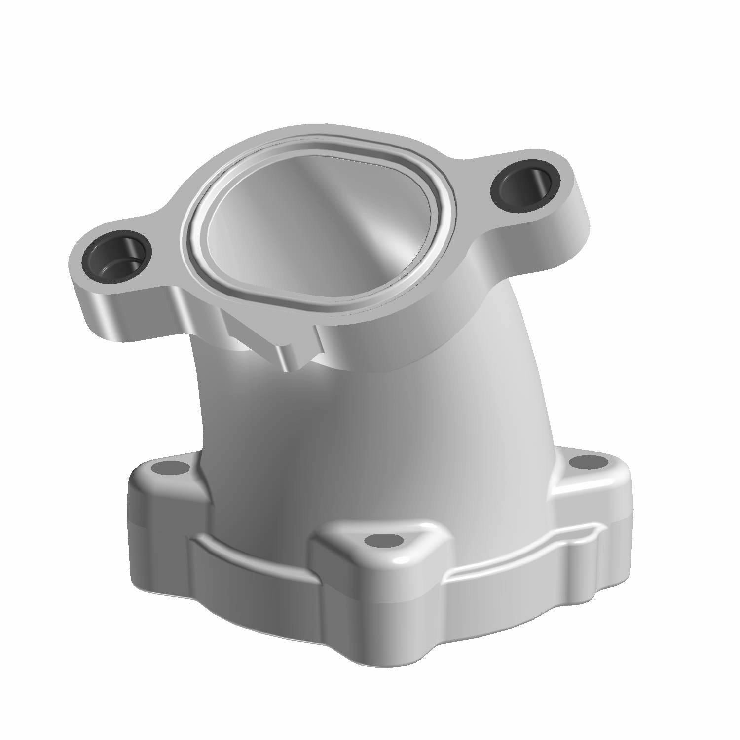 Silver metal throttle body adapter with rounded top and mounting holes on base and sides.
