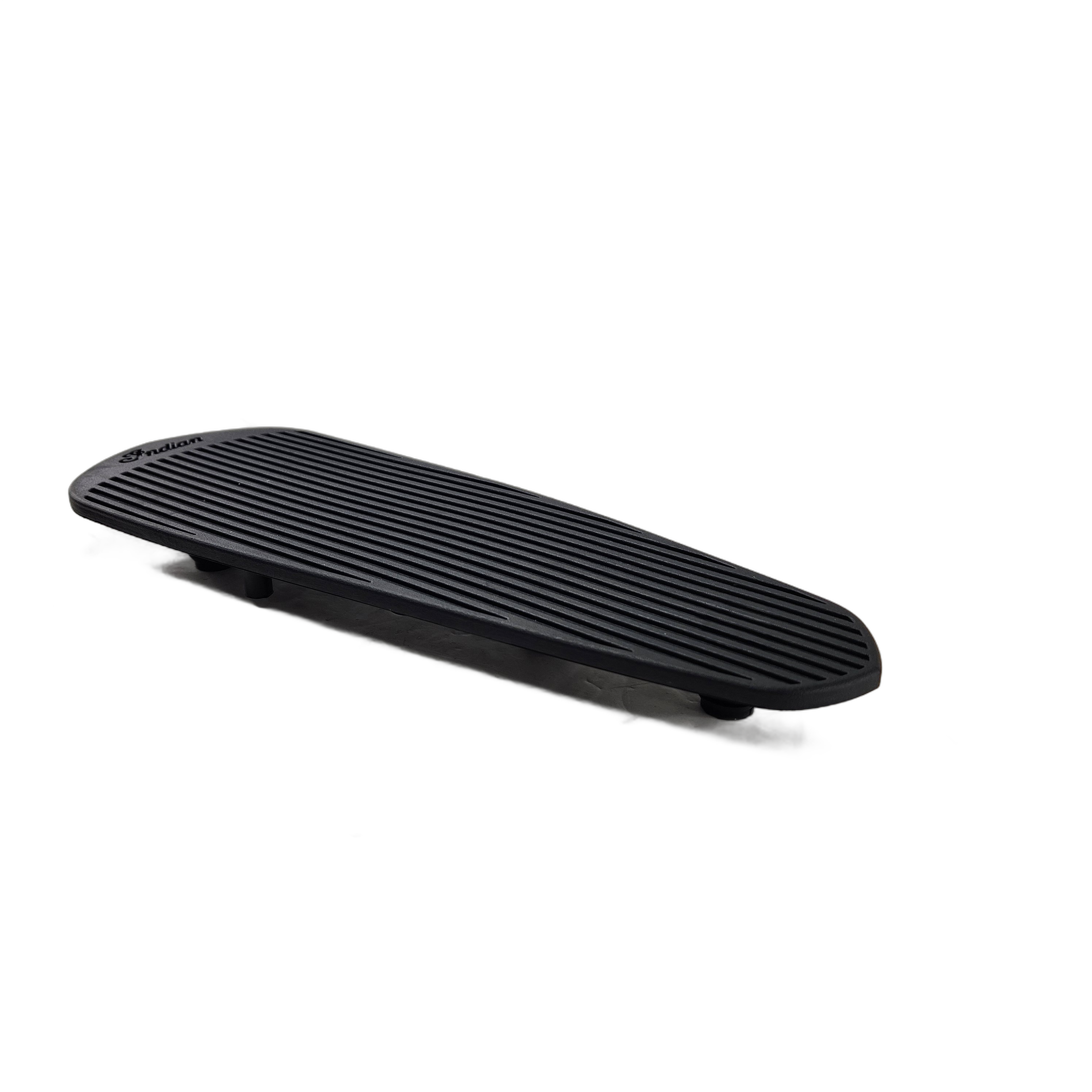 The Pad Floorboard Driver by Polaris features a black, textured, striped surface and sleek, minimalist design inspired by Indian motorcycle styling, shown here on a white background.