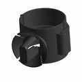 Black plastic hose clip with a circular band and integrated locking mechanism.