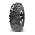 Black off-road tire with aggressive tread pattern mounted on a multi-spoke black rim.