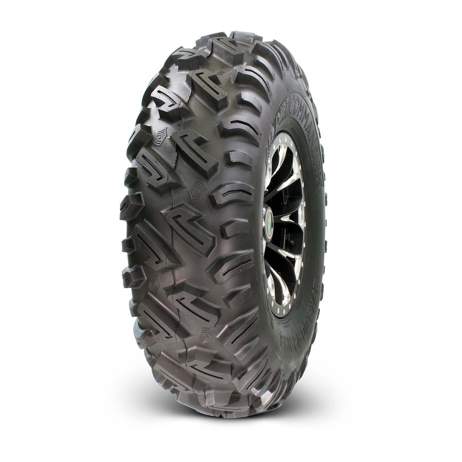 Black off-road rear tire with deep aggressive tread and multi-spoke metal rim, 27x11-12 size.