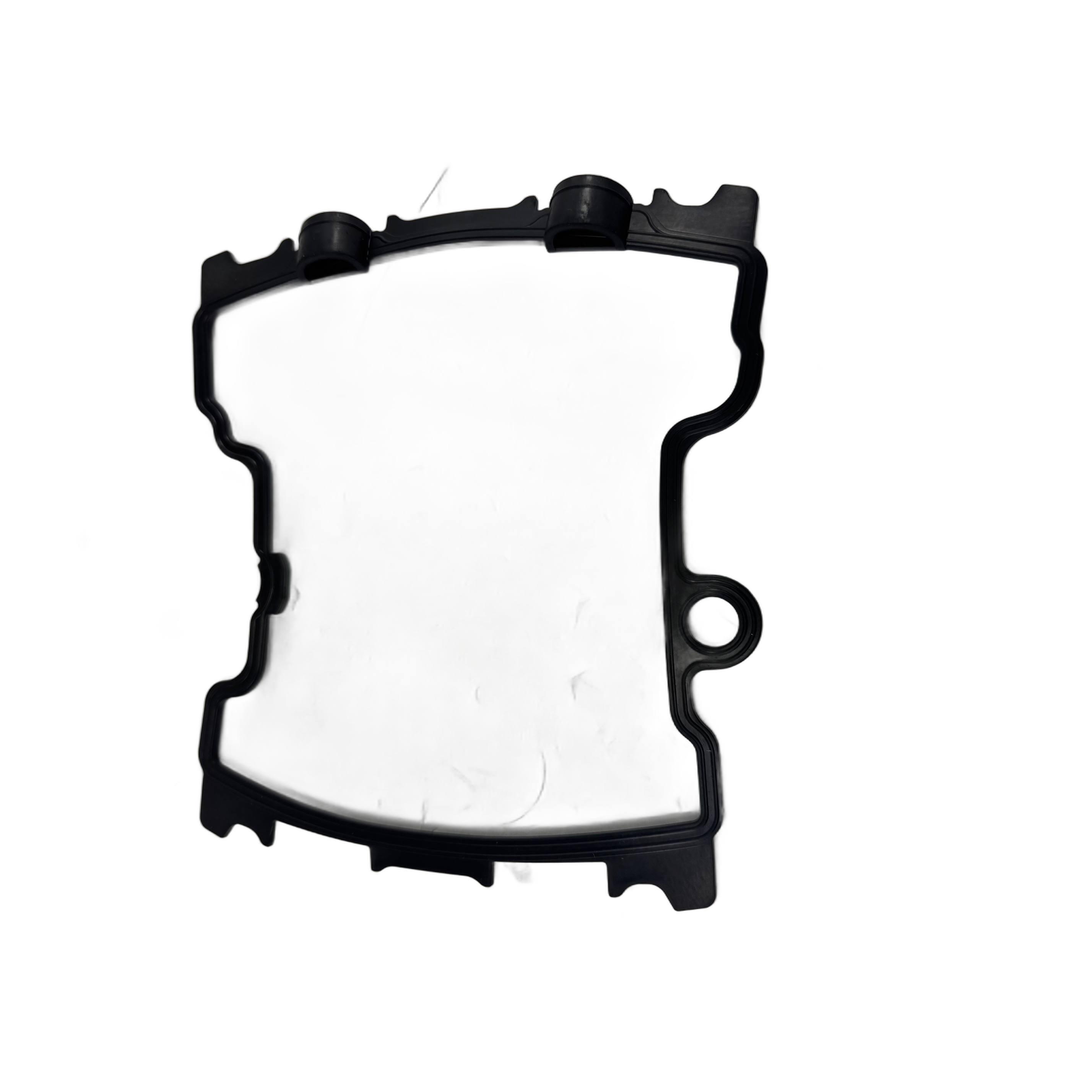 Valve Cover Seal, Front by Polaris—black rubber gasket with irregular, asymmetric shape, rounded edges, and notches for Indian motorcycle OEM parts, displayed on a white background.