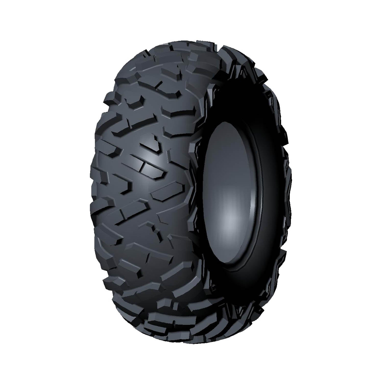 Black rear off-road tire with deep, aggressive tread pattern for Polaris UTV models.