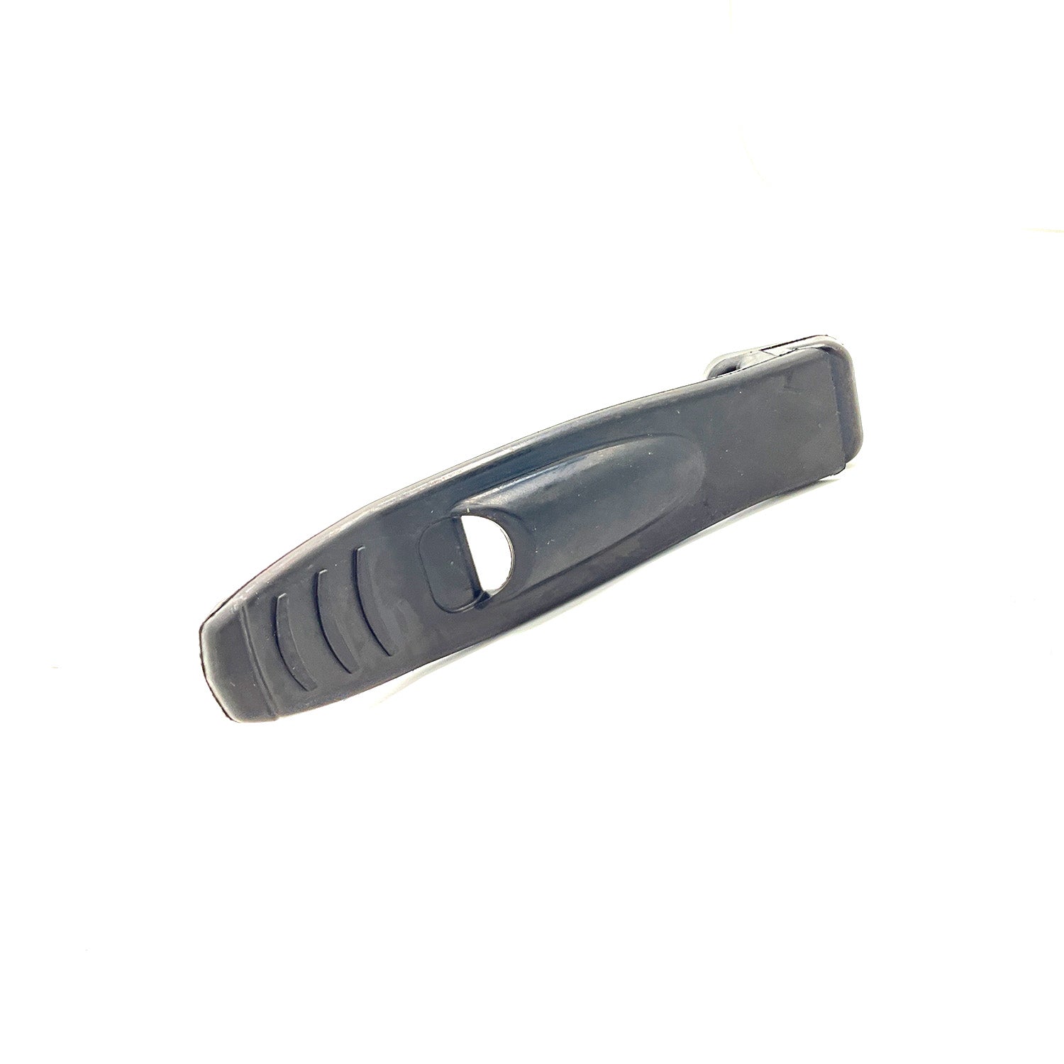 Black plastic hood retainer strap with a curved shape and central slot.