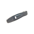 Black plastic hood retainer strap with a curved shape and central slot.