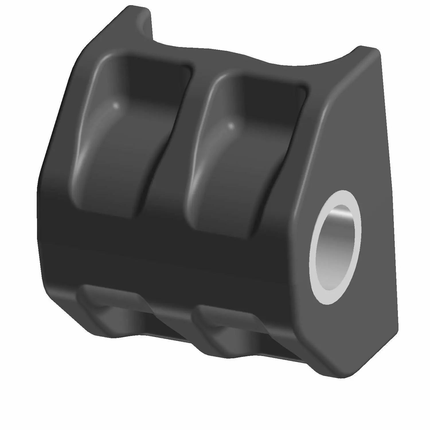 Black dual-slot cable hose clip with a silver metal-lined hole on one side.