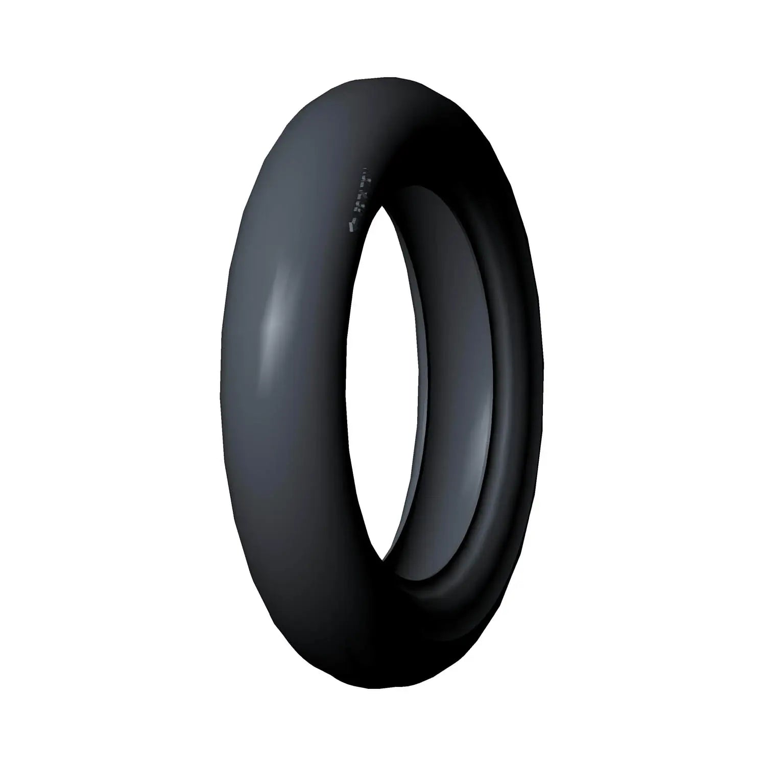 Black smooth motorcycle front tire with rounded profile and no visible tread pattern.