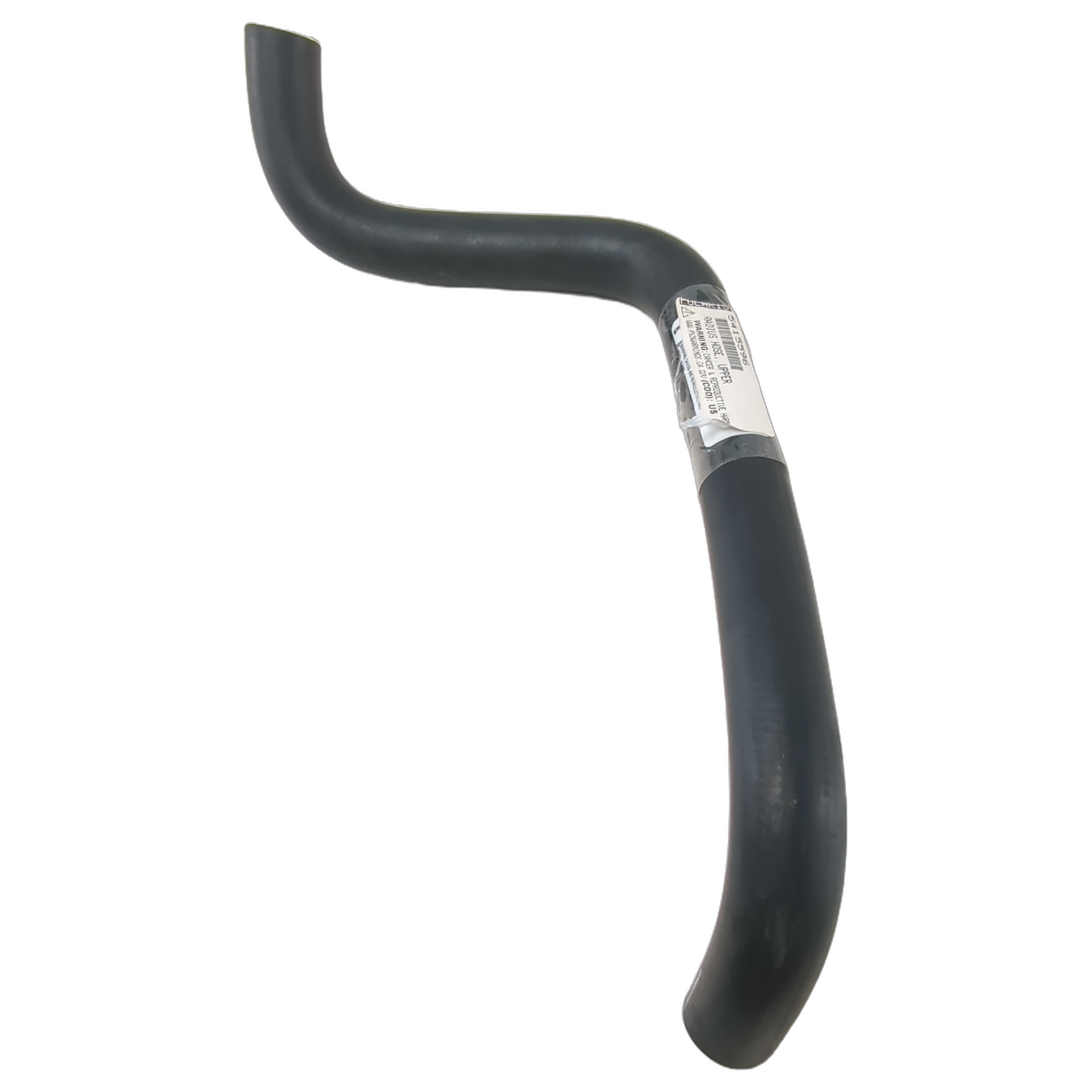 Black molded rubber upper radiator hose with curved ends and a small white barcode label.