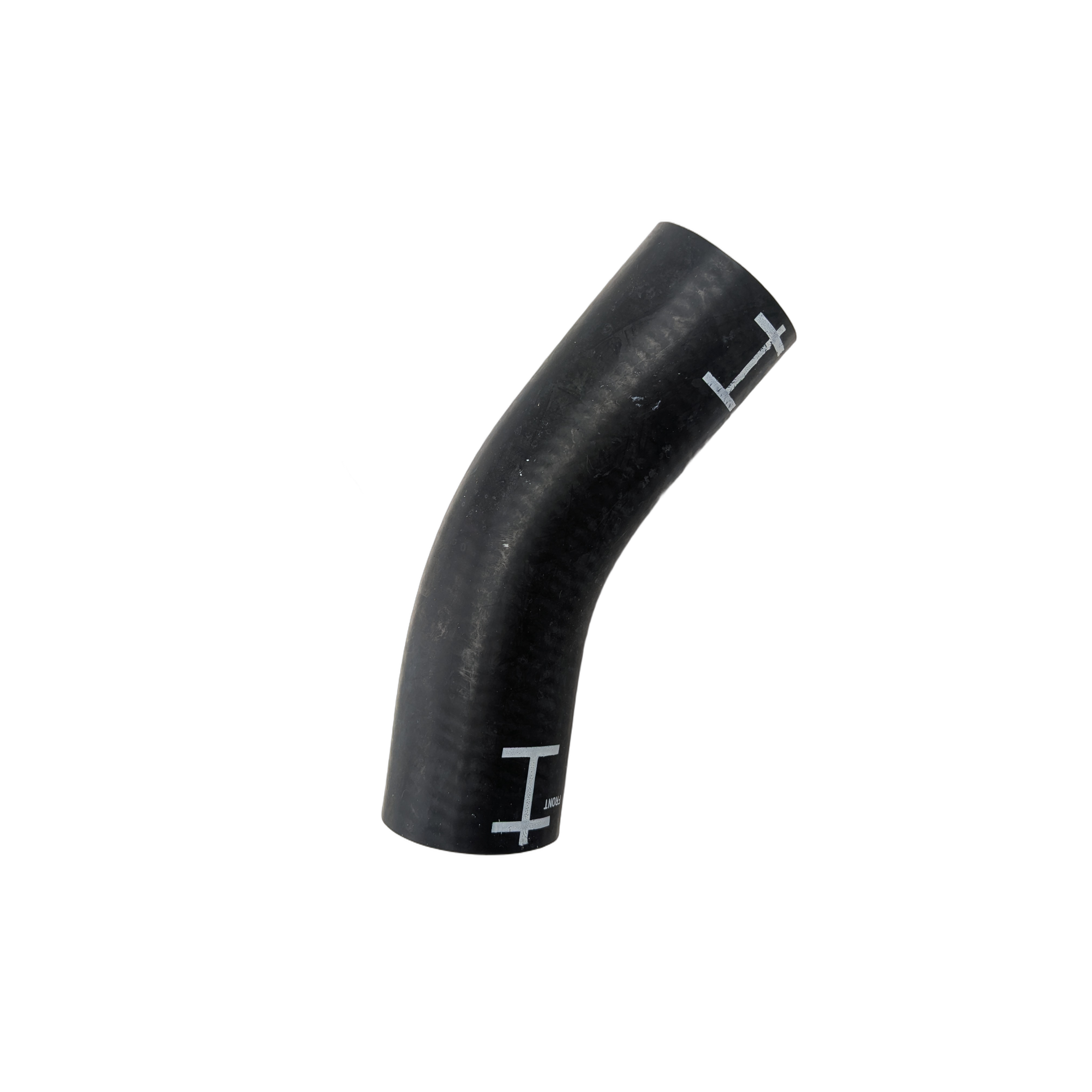 Black rubber radiator hose with a slight curve and white alignment markings.