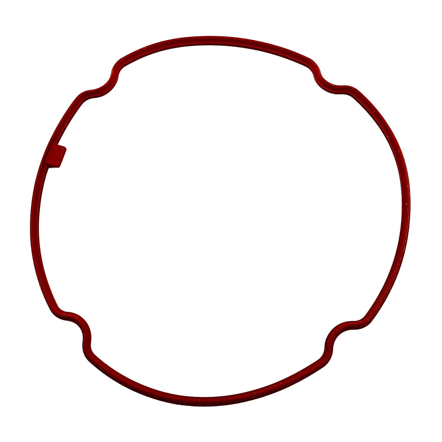 Red rubber gasket with irregular circular shape and rounded notches, designed for HVAC compressor seal.