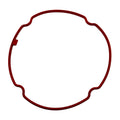Red rubber gasket with irregular circular shape and rounded notches, designed for HVAC compressor seal.