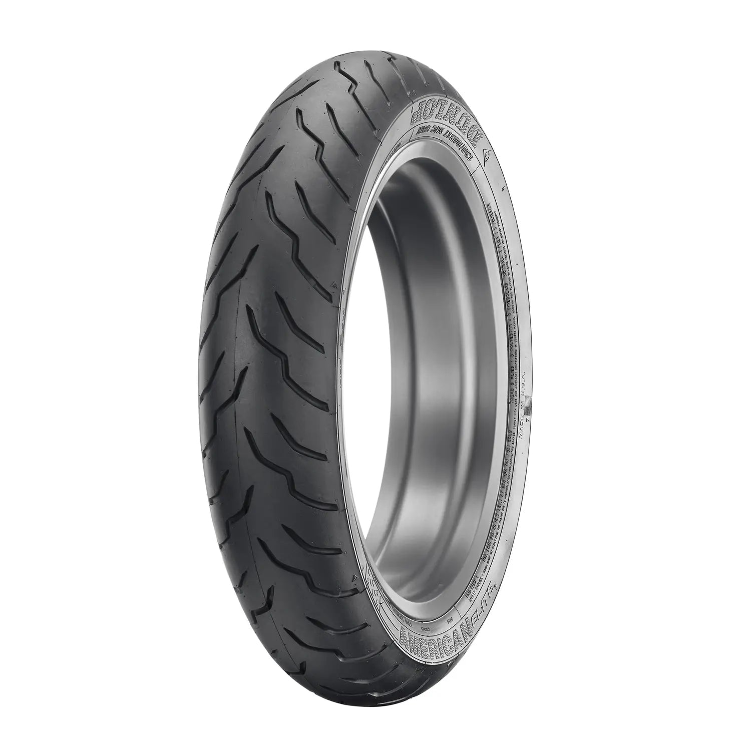 Black 130/80B17 motorcycle front tire with curved tread pattern for cruiser bikes.