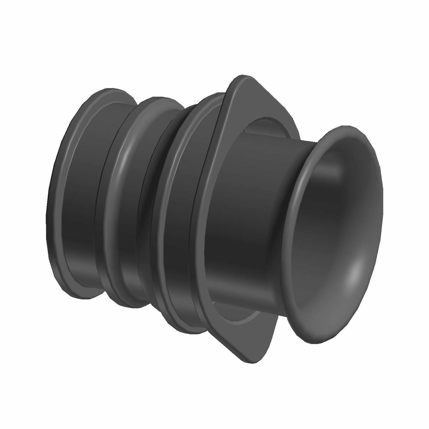Black flexible rubber boot with flared end and ridged midsection, designed for air intake protection.