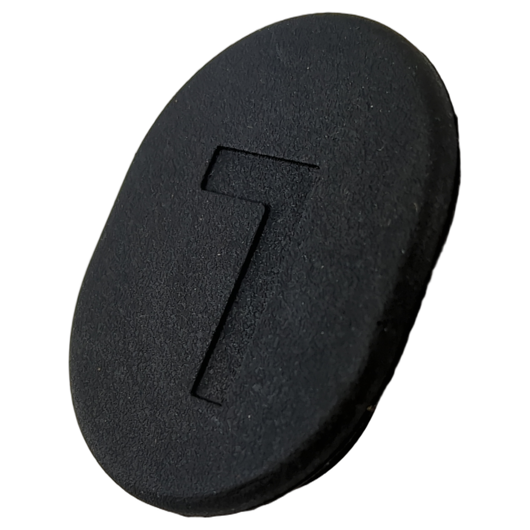 Matte black oval rubber plug with embossed number 1, slightly textured surface.