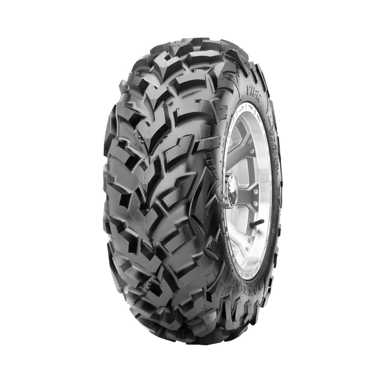 Aggressive tread-pattern black off-road tire with gray metal rim, size 27x9 R14 front tire.