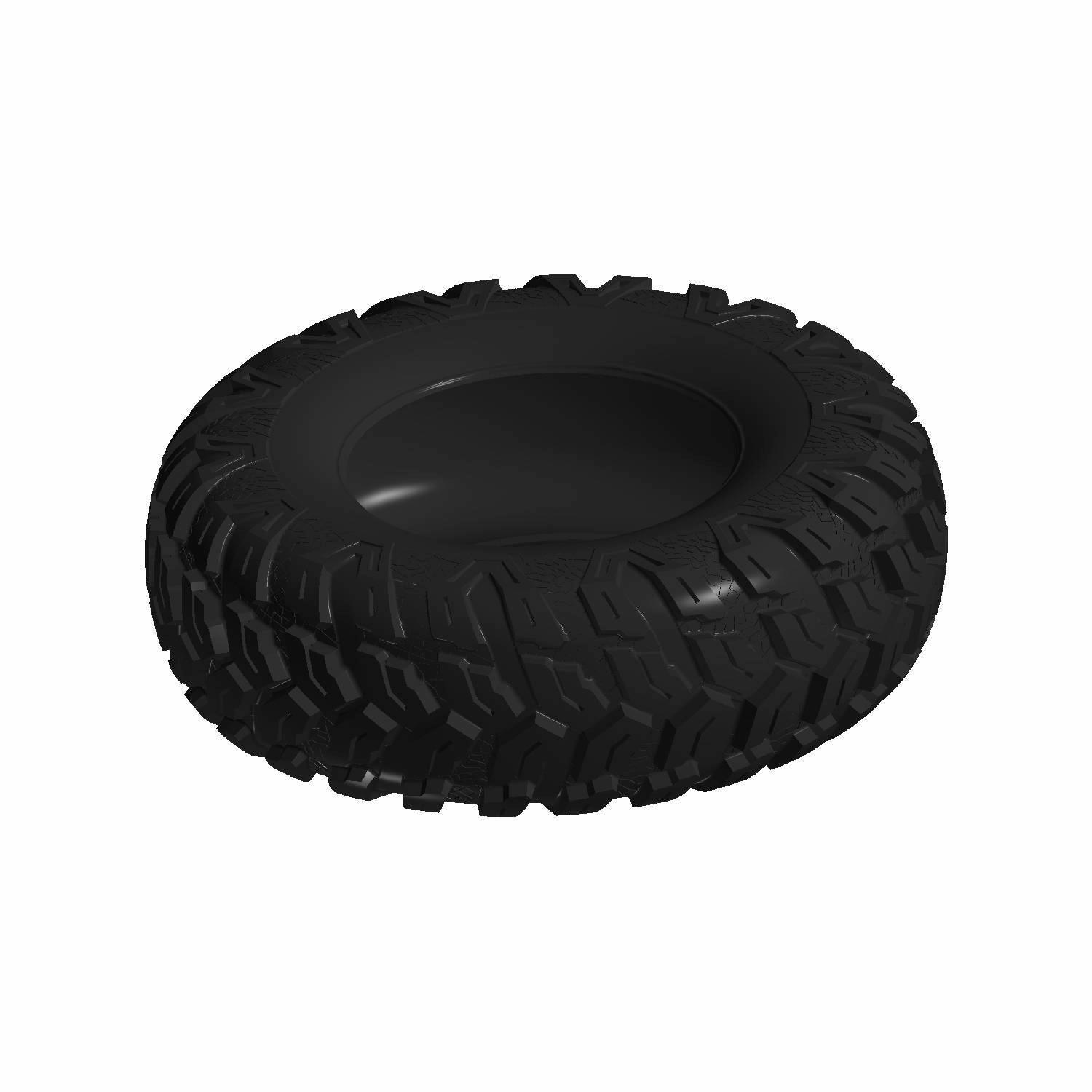 Black rugged off-road tire with deep tread pattern, sized 26 x 9.00 R12 for Polaris UTV front use.