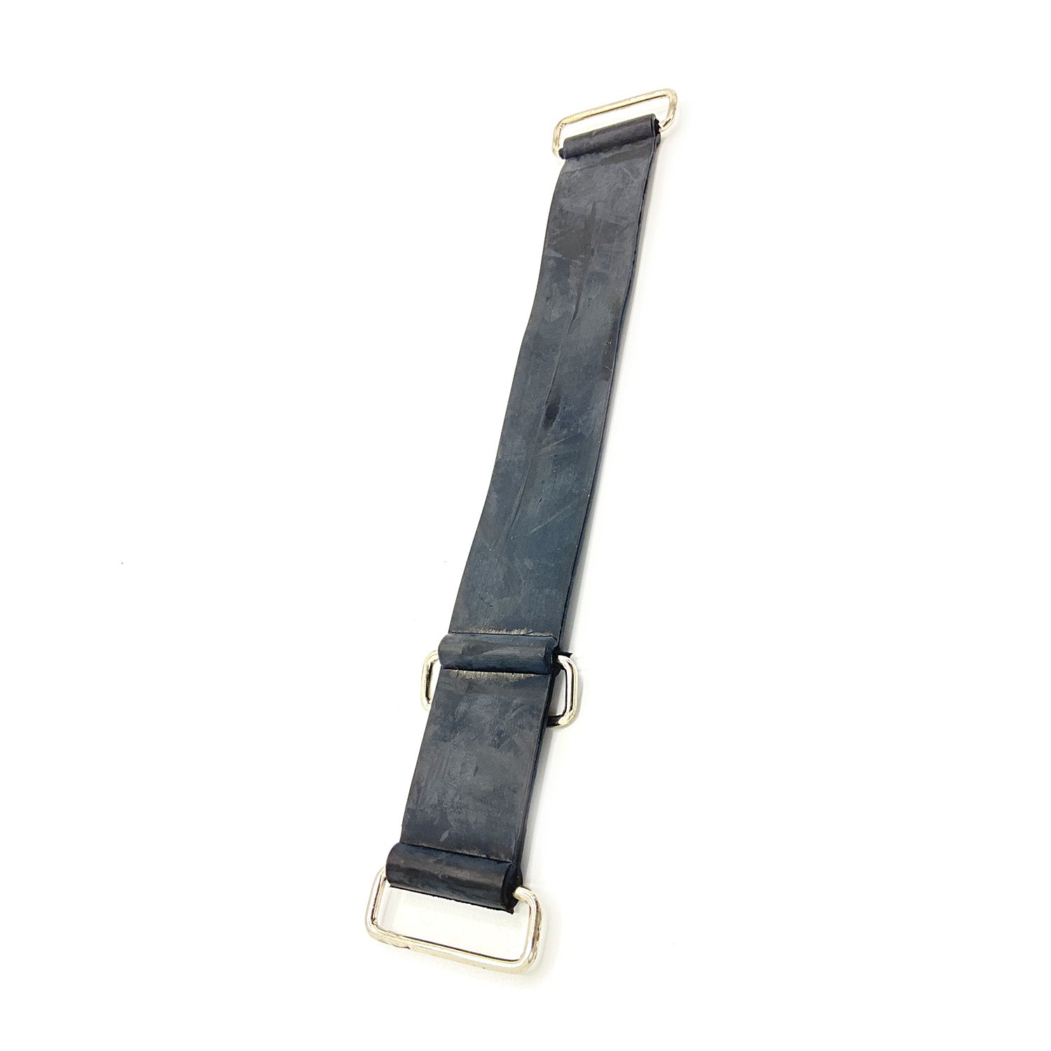 Black nylon battery hold down strap with metal rectangular buckle and two metal D-rings.