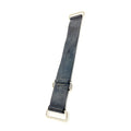 Black nylon battery hold down strap with metal rectangular buckle and two metal D-rings.