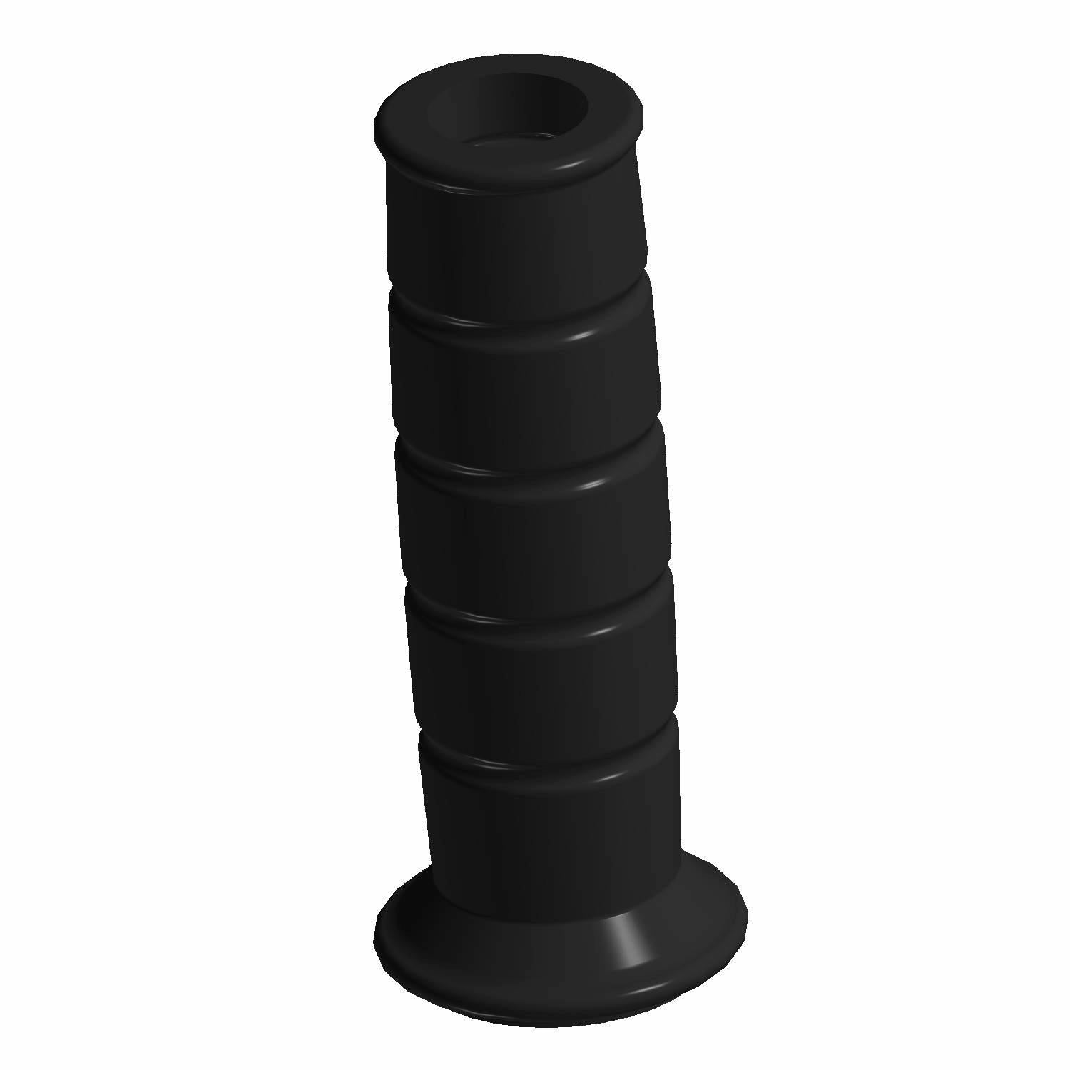 Black rubber left-hand motorcycle grip with ribbed texture and flared flange end.