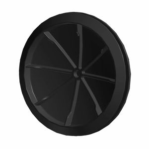 Black round fuel gauge plug with radial ribs and smooth outer edge.
