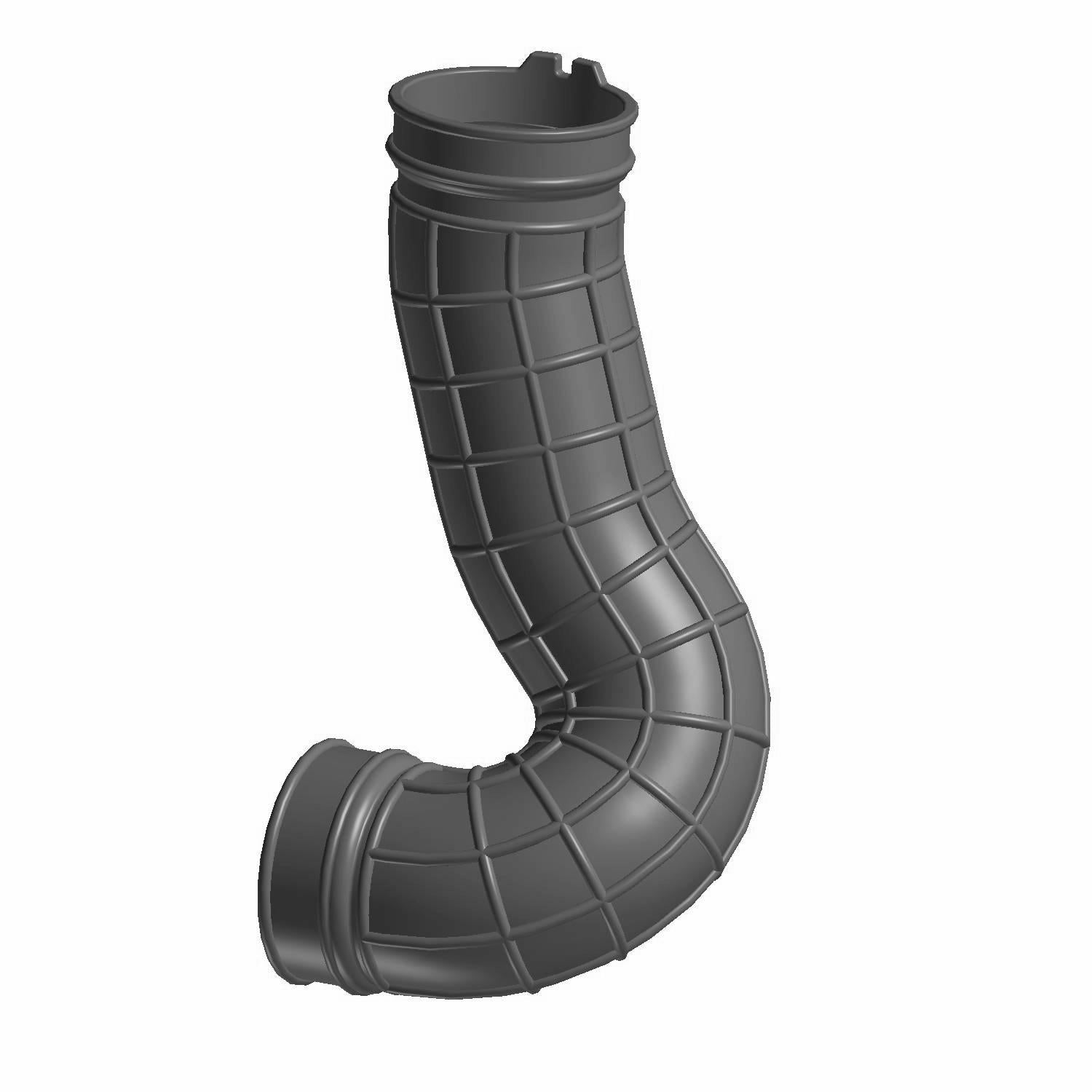 Black curved rubber clutch hose air inlet with grid texture and reinforced ends.