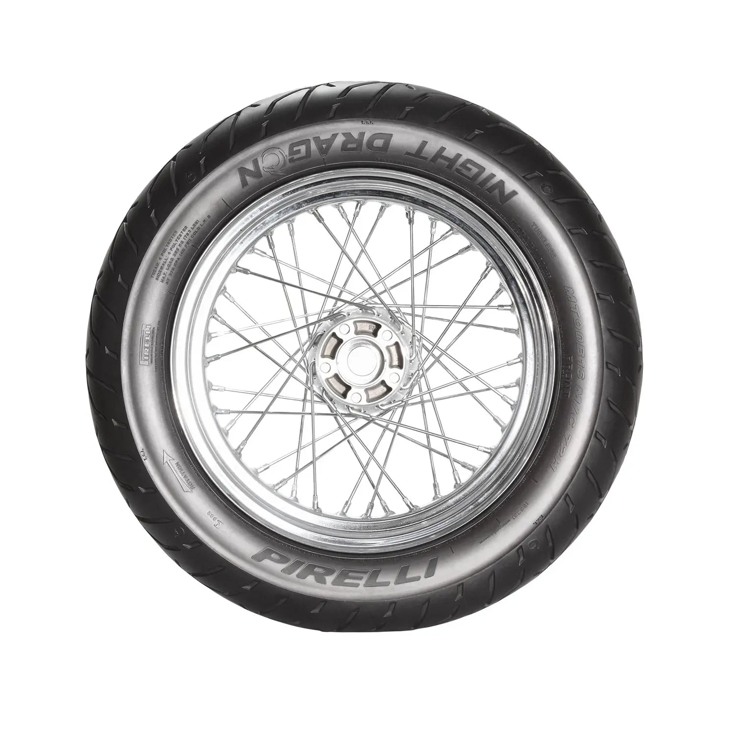 Black 130/90-16 motorcycle front tire with silver spoked wheel and Pirelli branding on sidewall.