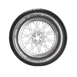 Black 130/90-16 motorcycle front tire with silver spoked wheel and Pirelli branding on sidewall.