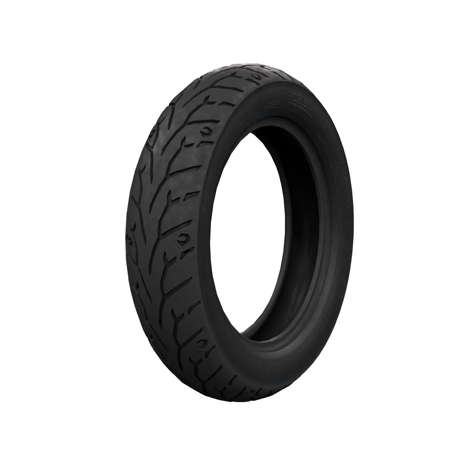 Black motorcycle rear tire with deep tread grooves and rounded profile, size 150/80-16.