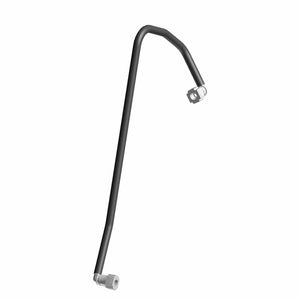 A black, bent metal tube with silver fittings on both ends, shown vertically against a white background—perfect as a genuine Polaris Fuel Hose/Line OEM part for your Indian motorcycle.