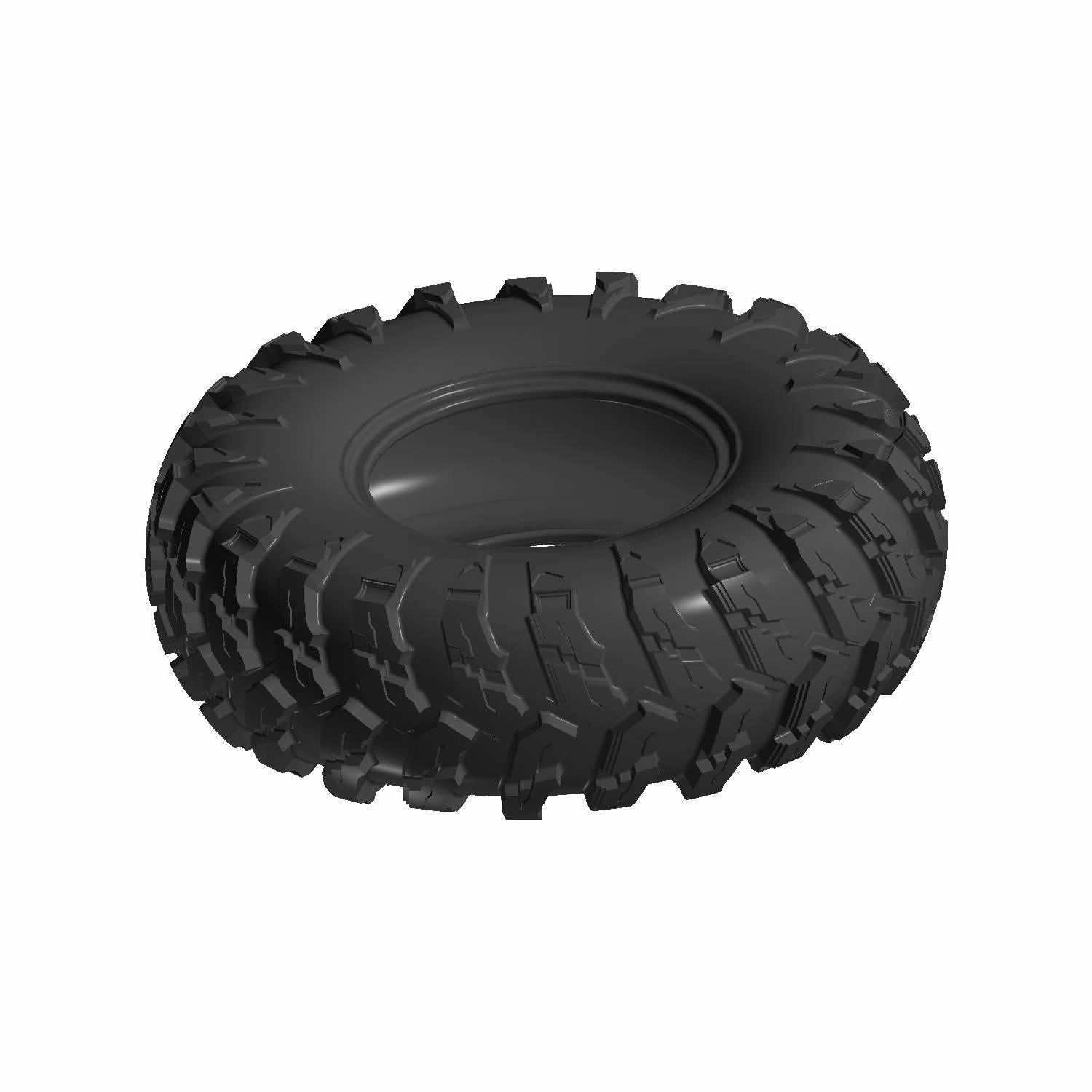 Black off-road tire with deep, aggressive tread pattern and rounded sidewalls, size 27 x 9.00-12.
