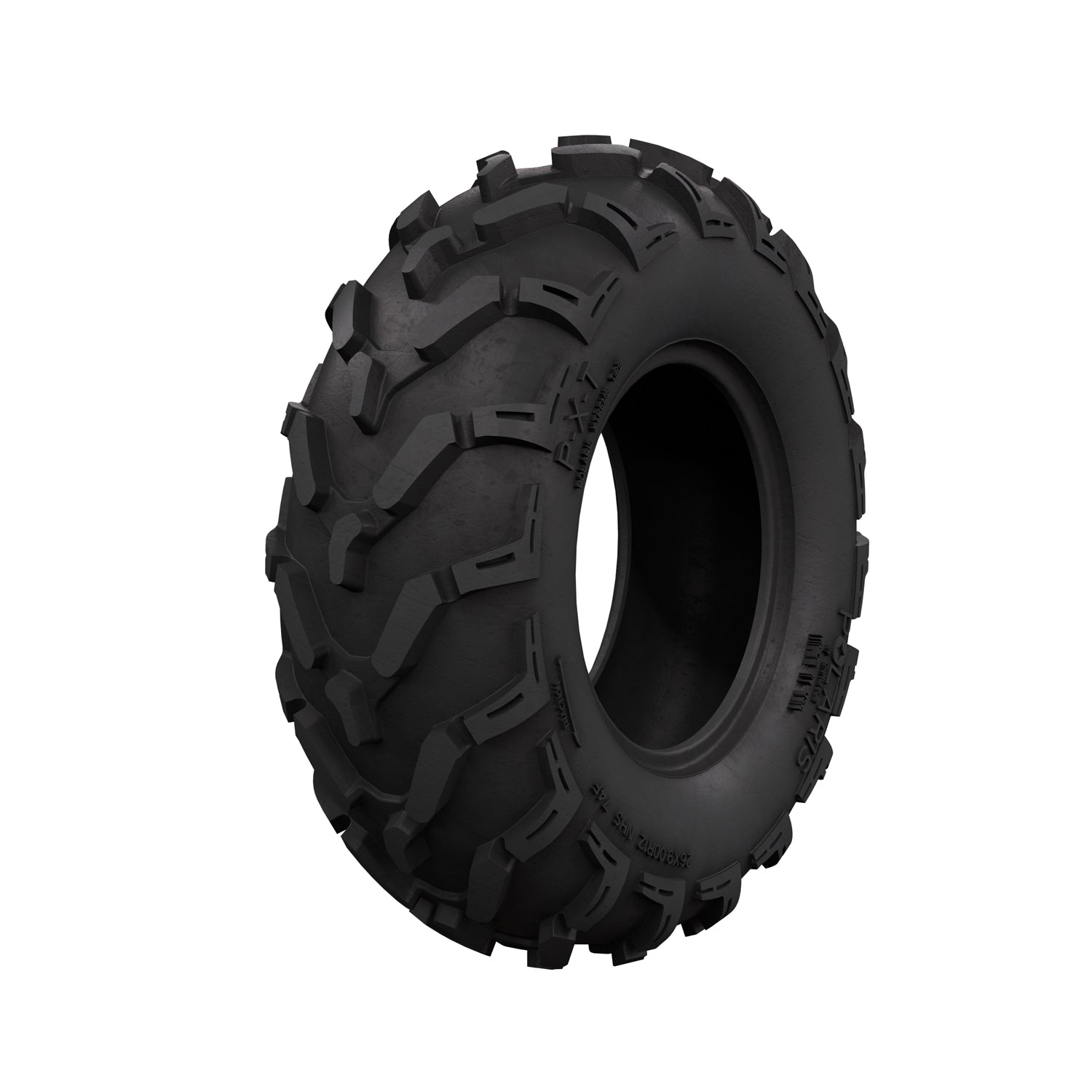 Black off-road rear tire with aggressive tread pattern, size 26 x 9R12 designed for UTVs.