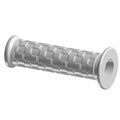 Gray rubber motorcycle grip with textured square pattern and flange on one end, left side design.