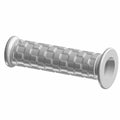 Gray rubber motorcycle grip with textured rectangular pattern and flared end designed for right handlebar.
