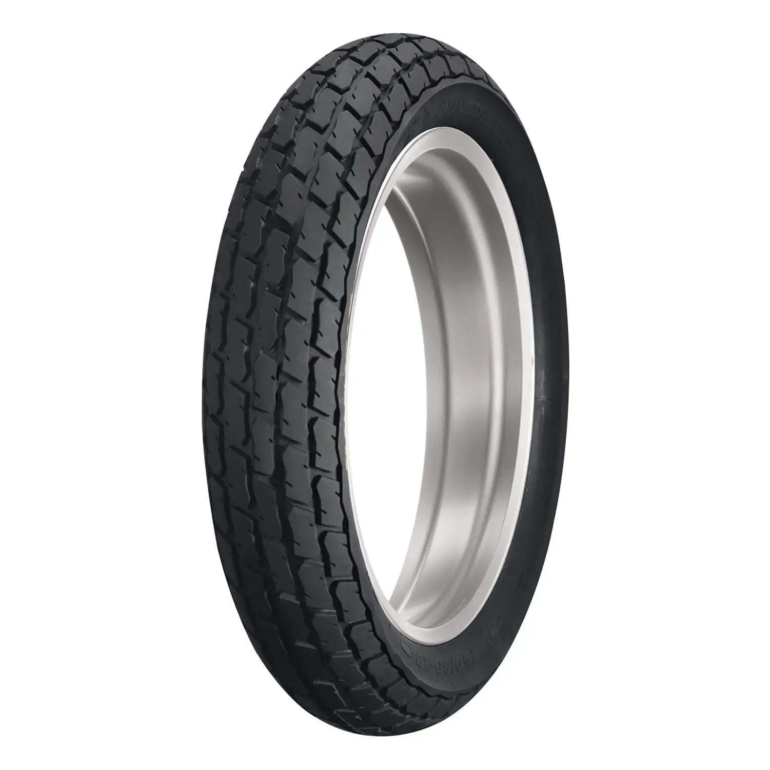 Black rear motorcycle tire with deep tread pattern and silver rim, 150/70R18 size.