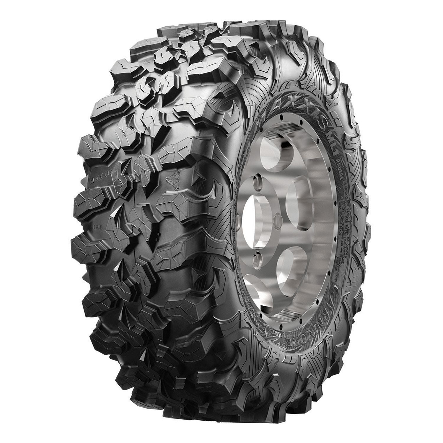 Black off-road tire with aggressive deep tread pattern mounted on silver metal wheel rim.