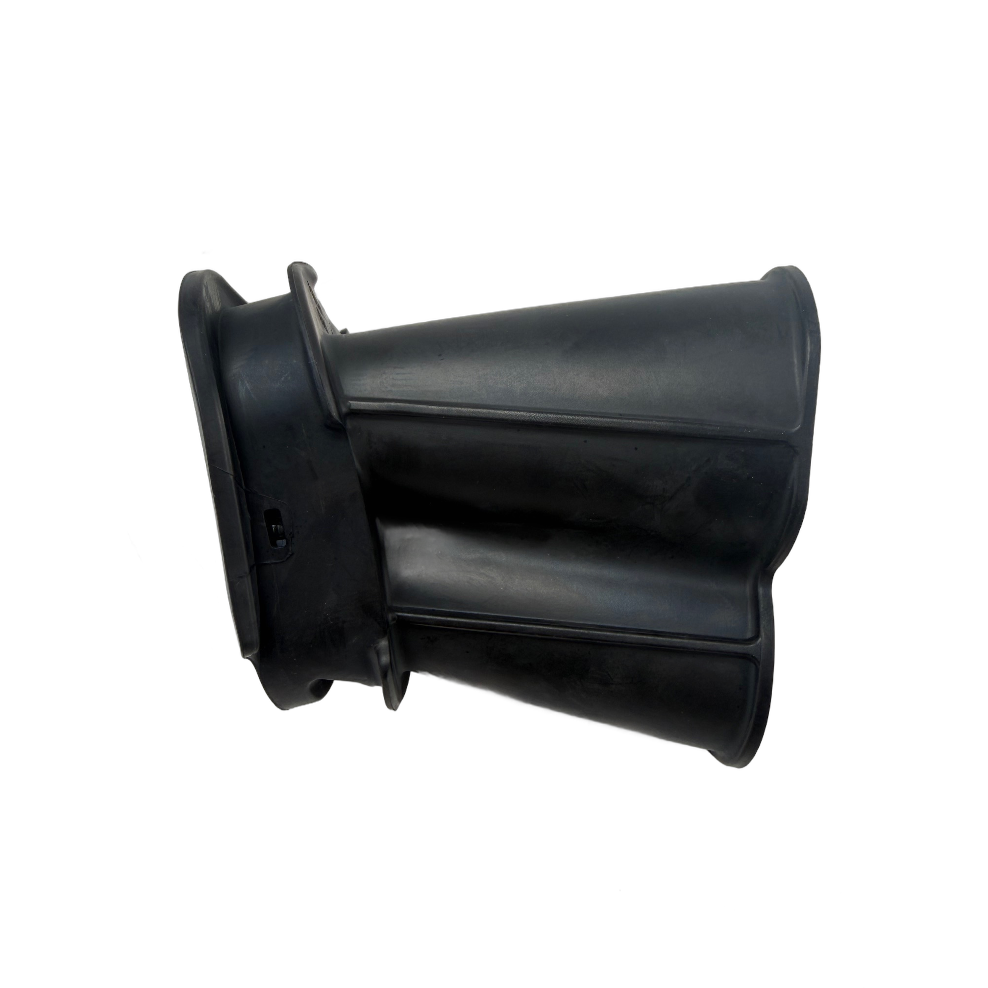 Black rubber air intake tube with flared, ribbed design and flat mounting flange.