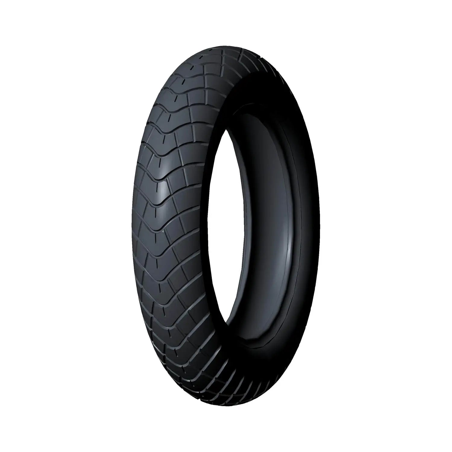 Black motorcycle front tire with deep, curved tread pattern and smooth sidewall.
