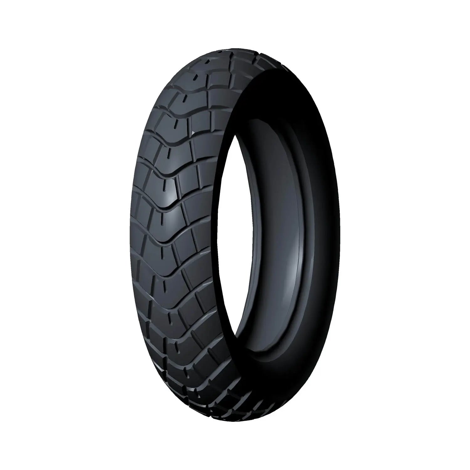 Black rear motorcycle tire with deep tread pattern for enhanced grip and durability.