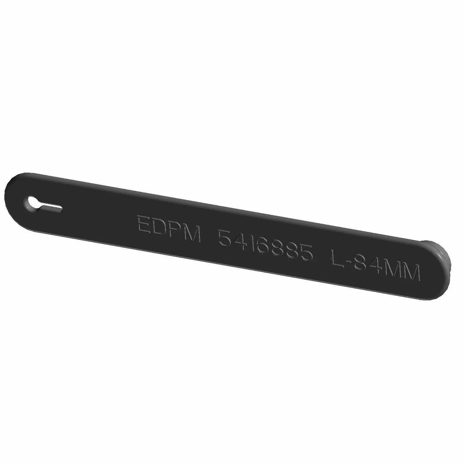 The Rubber Clamp 84mm by Polaris is a black, flat rectangular strip with a slot at one end and "EDPM 5416885 L-84MM" engraved, designed as an OEM Indian Polaris part for Indian motorcycle parts.