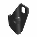Black metal brake retaining clip with a rectangular mounting hole and curved securing end.