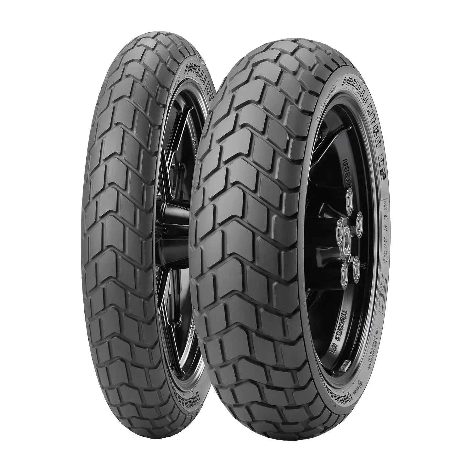 Two black front motorcycle tires with deep, block-pattern tread mounted on black metal rims.