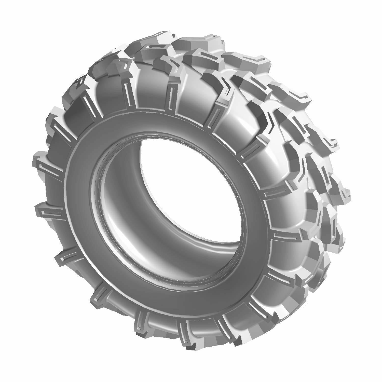 Large off-road tire with deep, aggressive tread blocks designed for mud terrain, black rubber with rugged sidewalls.