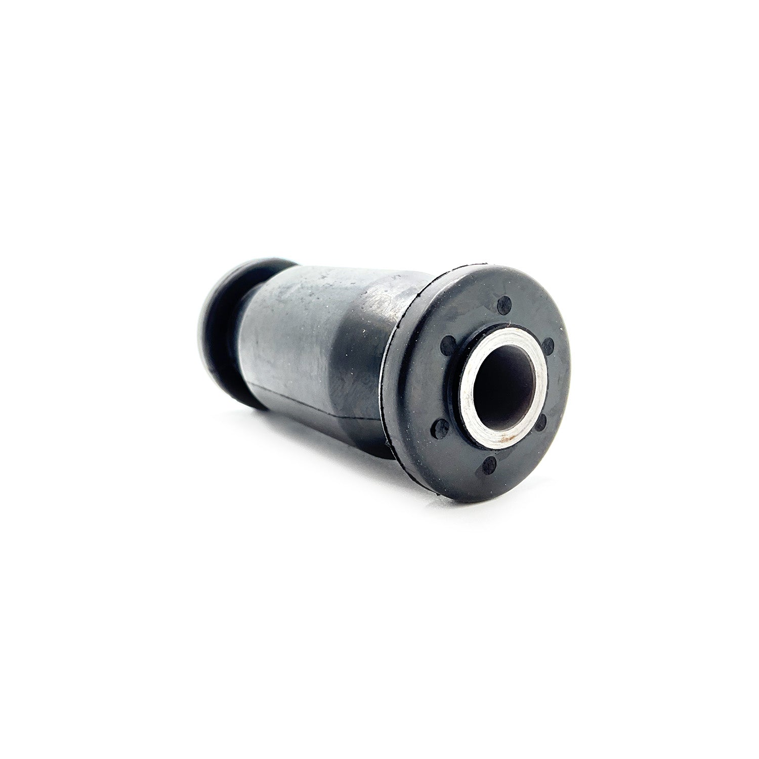Black rubber suspension bushing with metal inner sleeve and flanged end plate.
