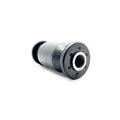 Black rubber suspension bushing with metal inner sleeve and flanged end plate.
