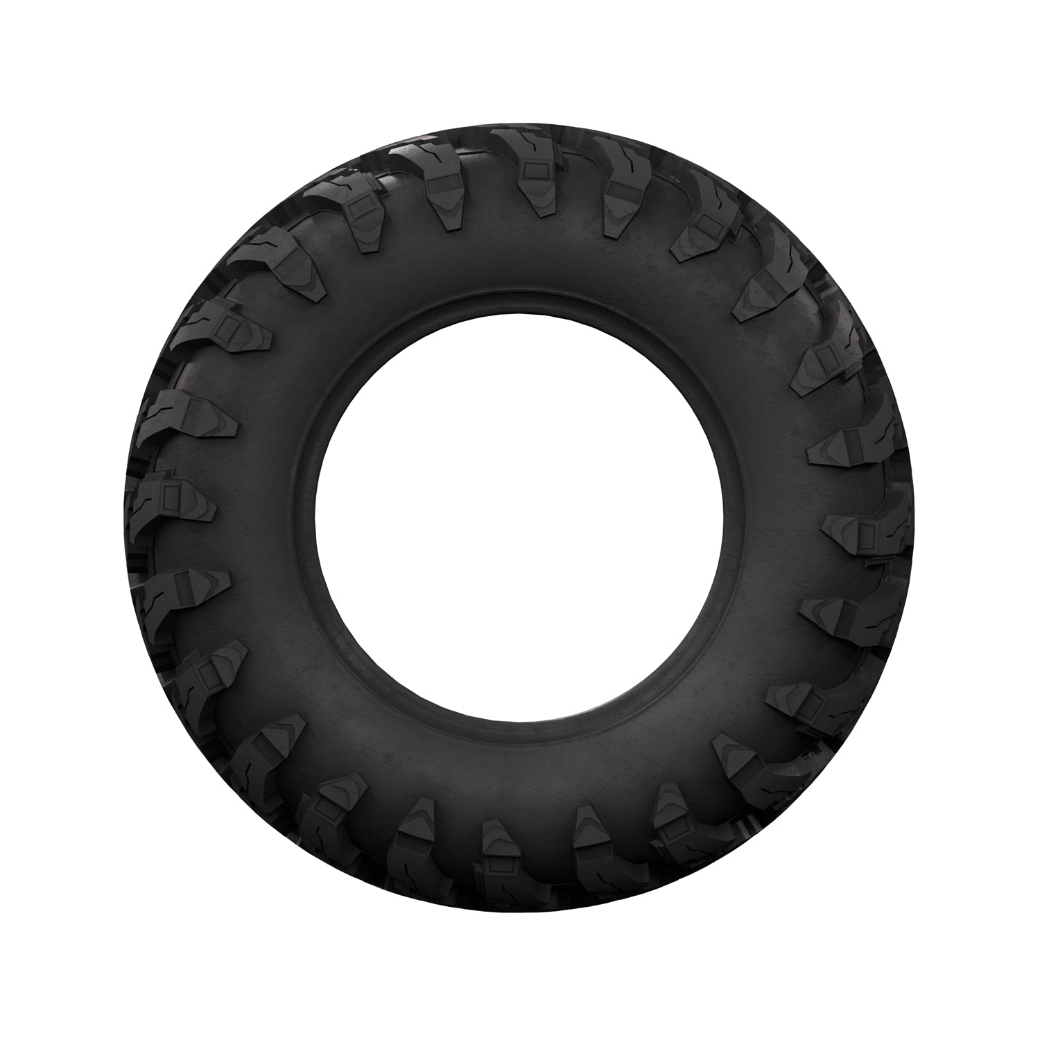 Black off-road tire with deep, aggressive tread pattern and rounded edges.