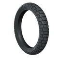 Black front motorcycle tire with knobby tread pattern for on- and off-road use, size 120/70R19.
