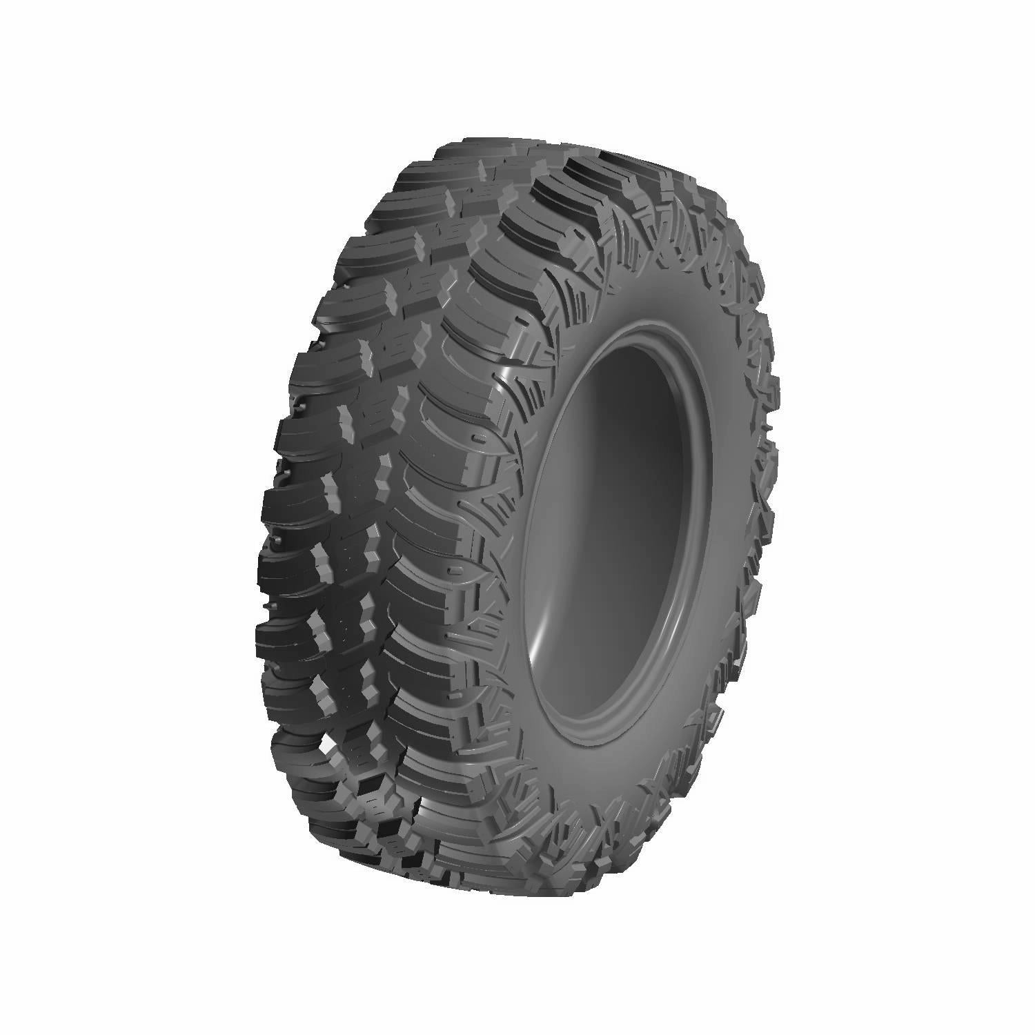 Black off-road tire with deep, aggressive tread pattern and sidewall lugs, size 30x10R15.