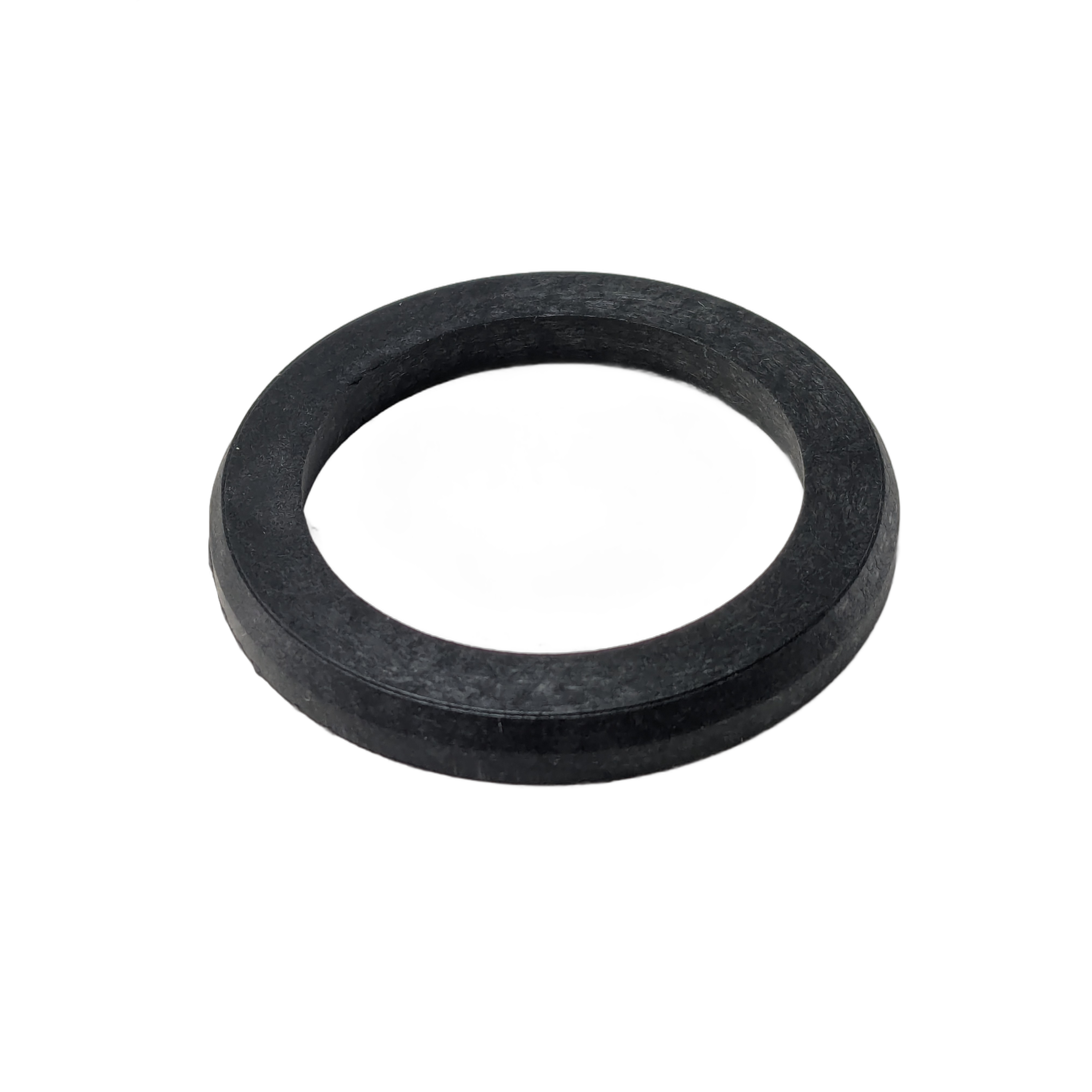 Black circular wheel spacer centering ring with a smooth finish and beveled edges.