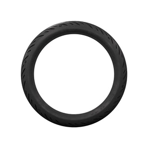 Black motorcycle front tire with subtle grooved tread, size 130/80B17 designed for touring bikes.