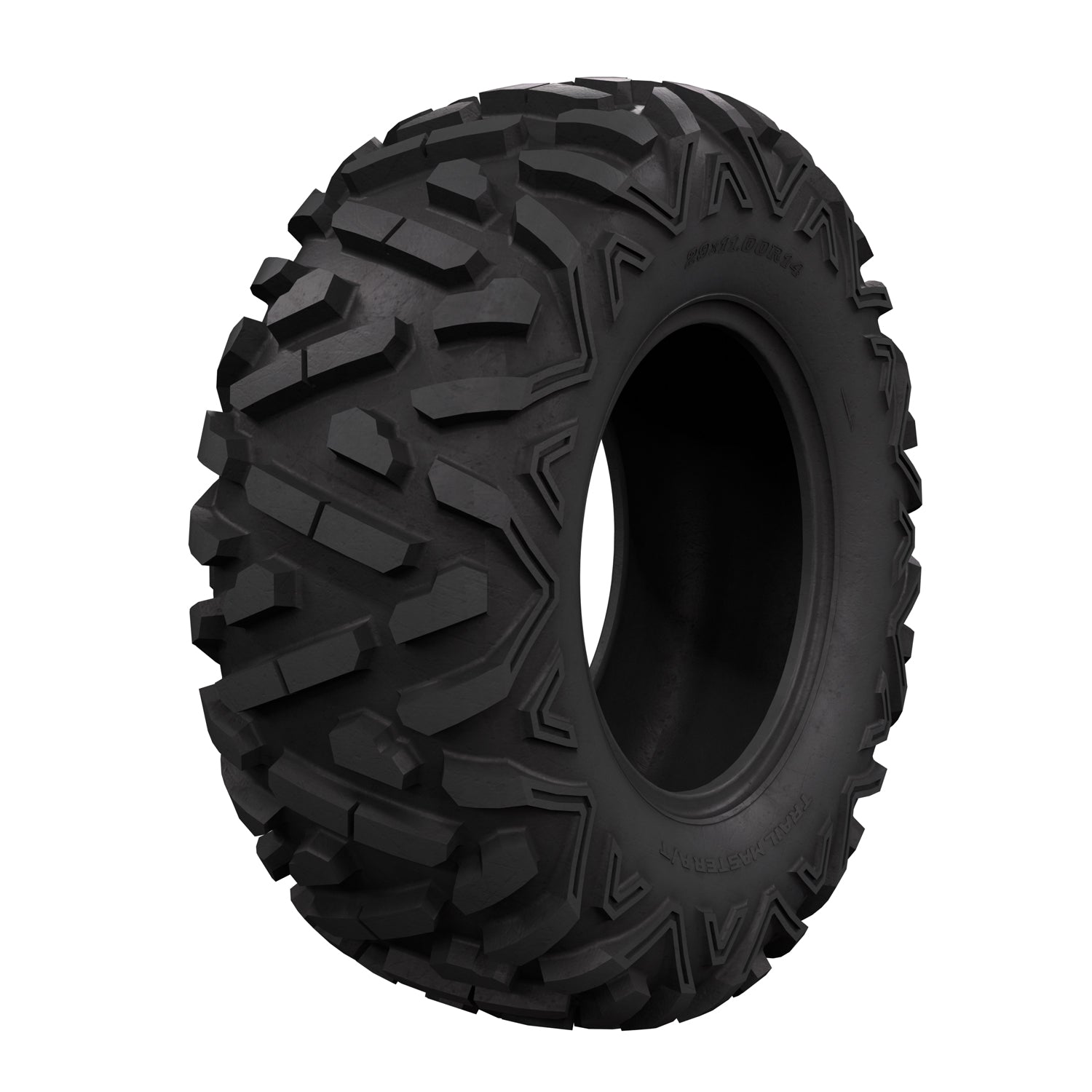 Black rugged off-road rear tire with deep aggressive tread and angular sidewall design.
